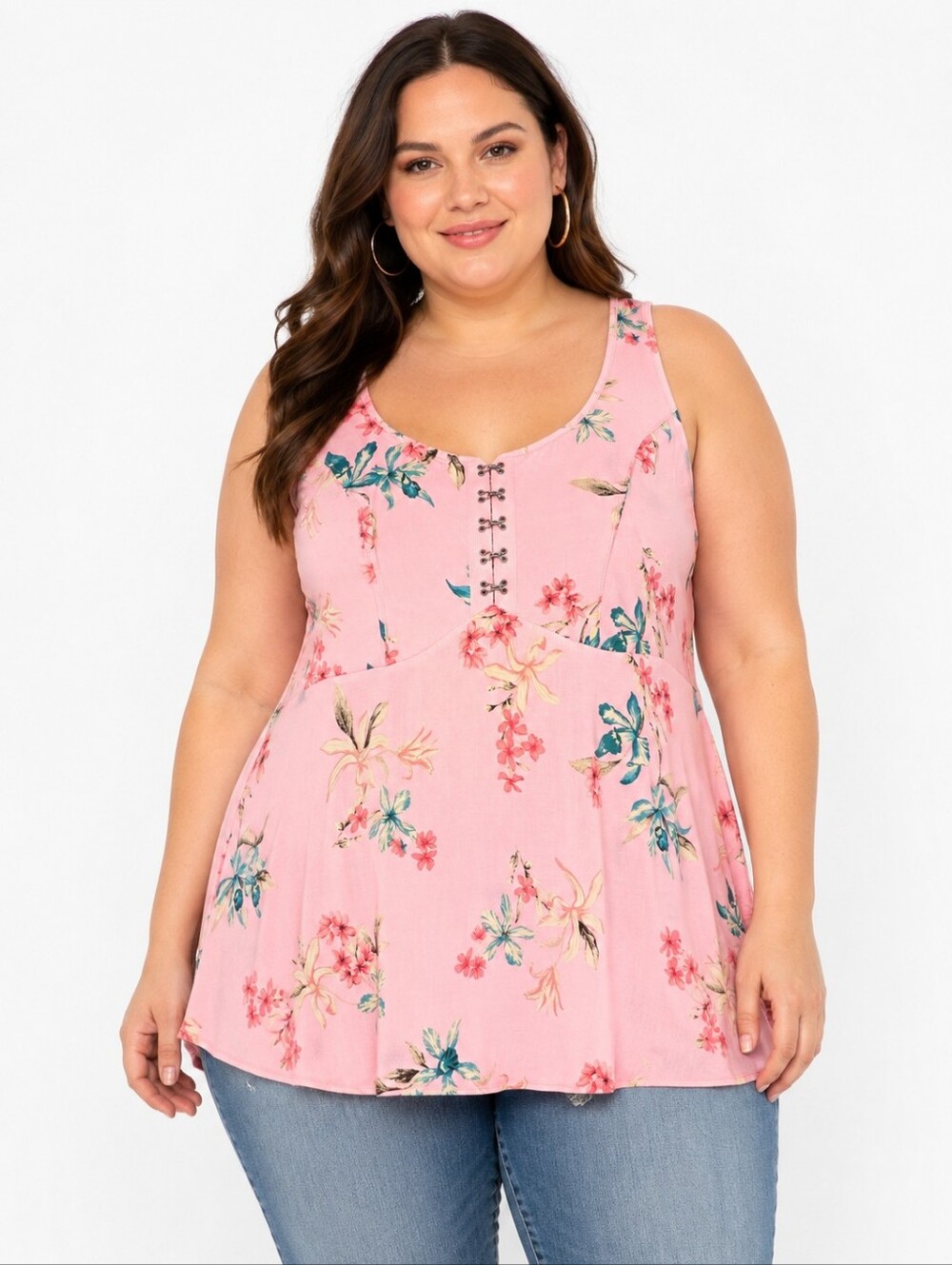 Torrid Pink Floral‎ Hook Front Sleeveless Swing Tank Top Size 1 (1X)